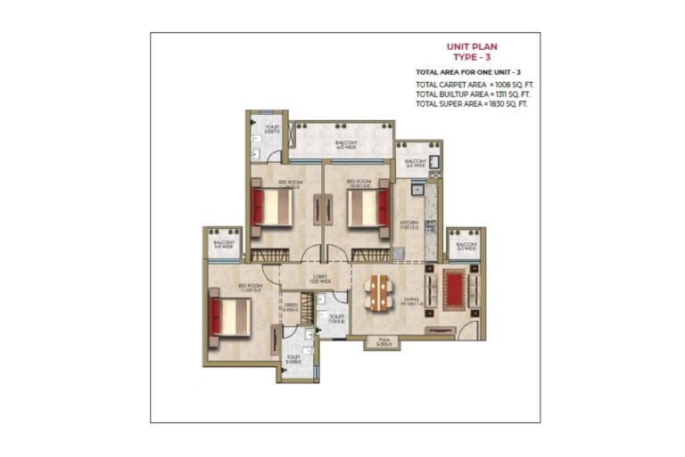3 BHK Type 3 1830 square feet floor plan