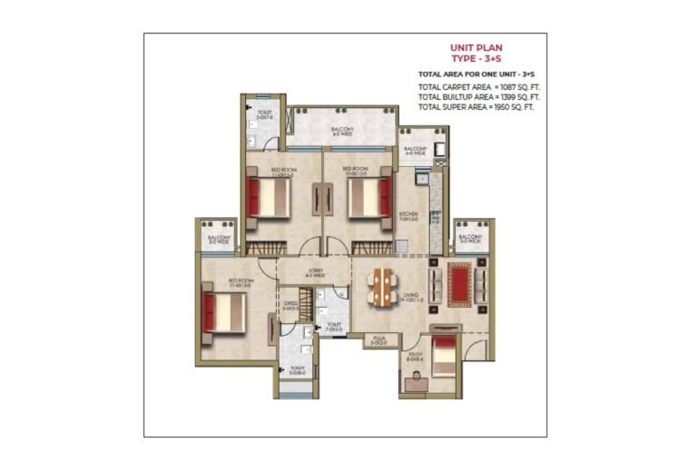 3 BHK Type 3S 1950 square feet floor plan